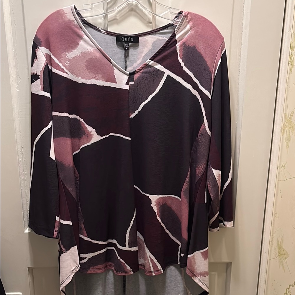 Comfy USA Brown and Pink Asymmetrical Blouse with 3/4 Sleeves